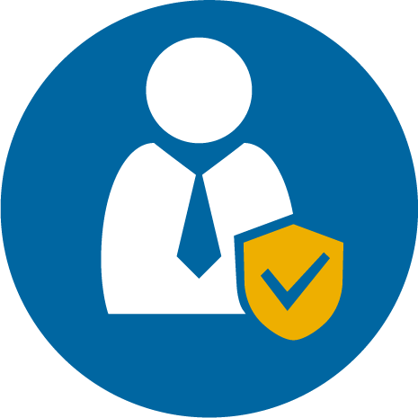 a blue circle with a white figure and a yellow check mark